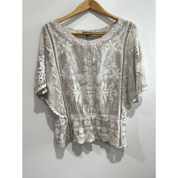 Democracy Mineral Wash Butterfly Sleeve Blouse Womens S Tan Sheer Embroidered - Picture 1 of 7